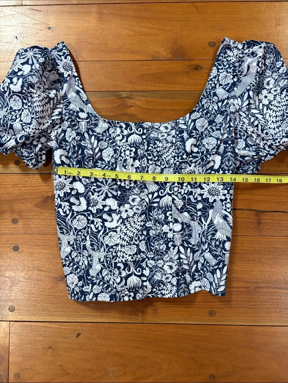 J. Crew Navy and White Floral Square-Neck Puff Sleeve Blouse